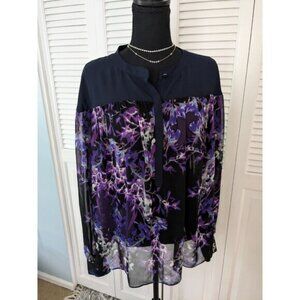 Adrianna Papell Top Womens XL Abstract Multi Floral Chiffon Blouse Art to Wear